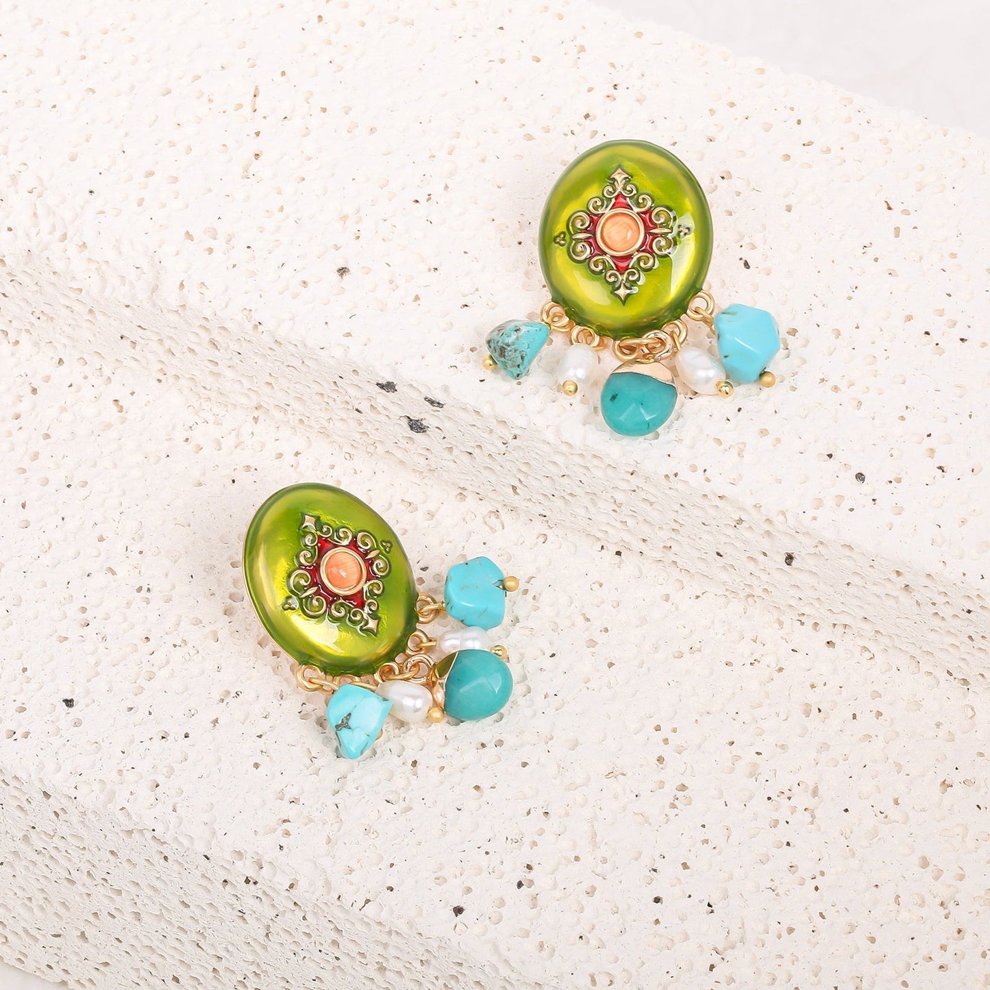 Green Disc Vintage Drop Earrings