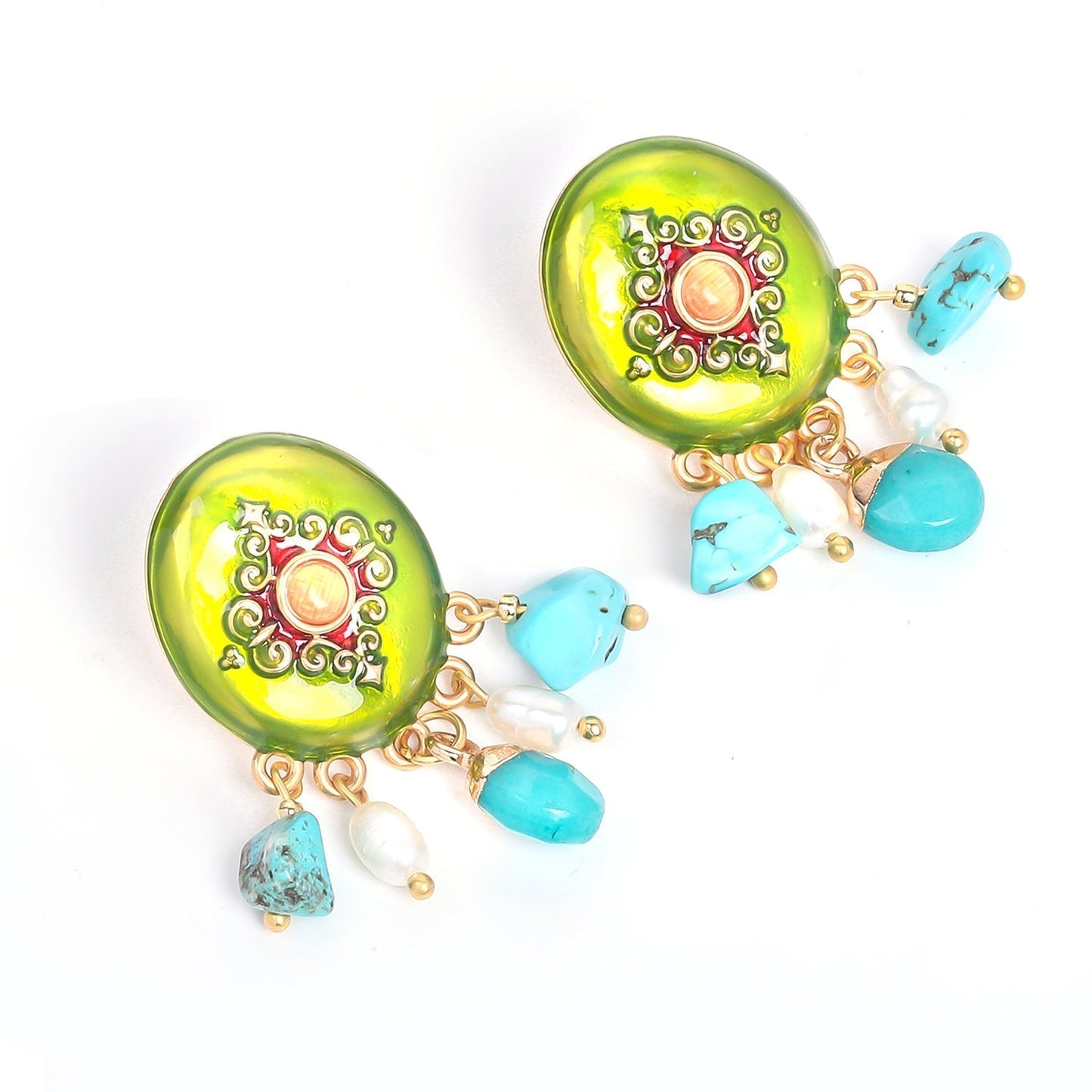 Green Disc Vintage Drop Earrings