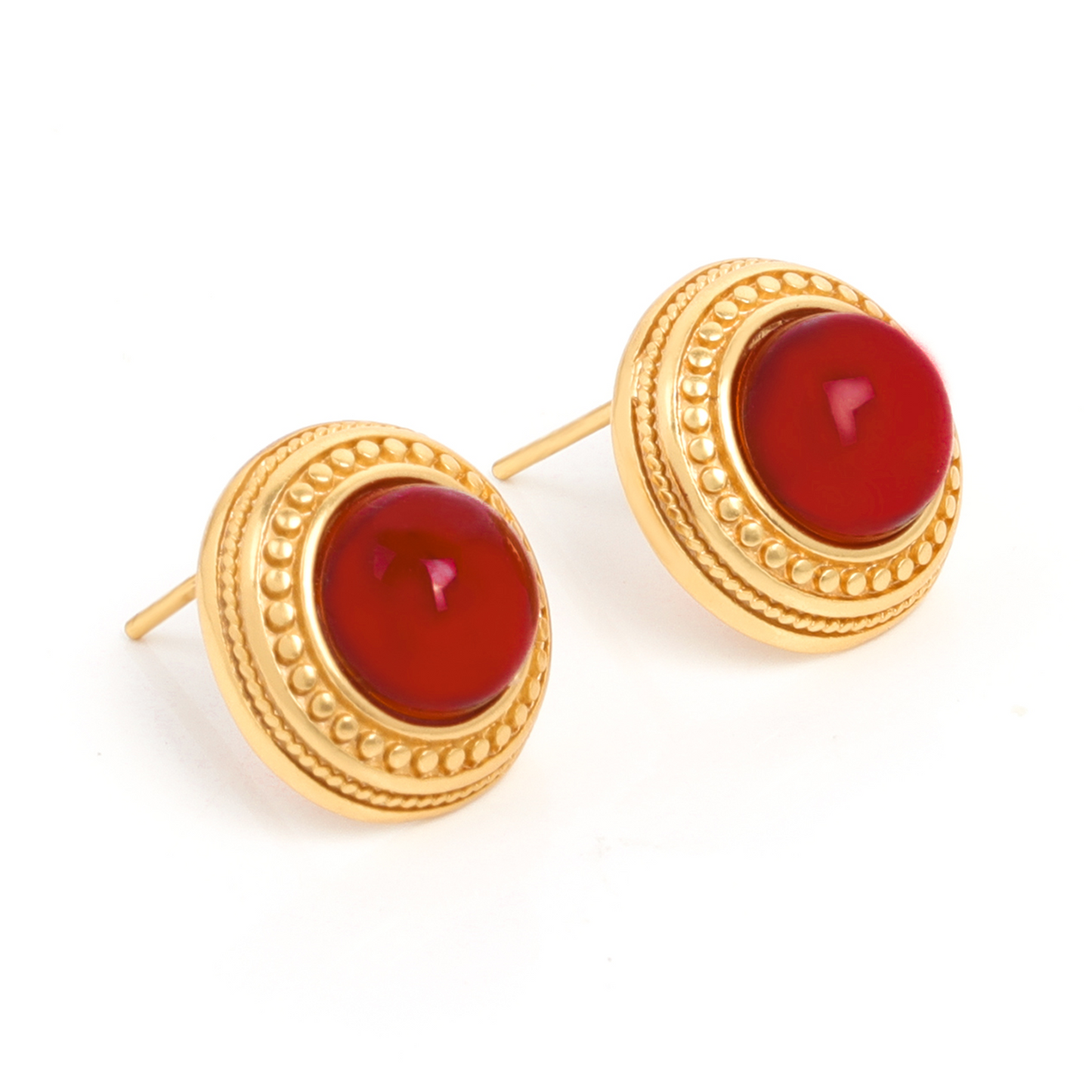 Gold Ring Red Bead Stud Earrings