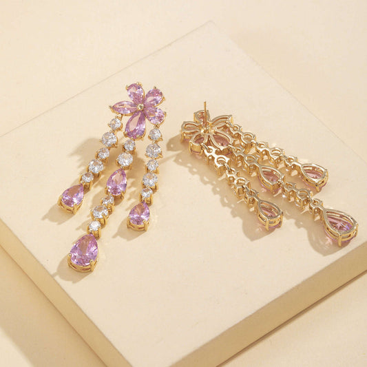 Flower Pink Zirconia Tassel Earrings