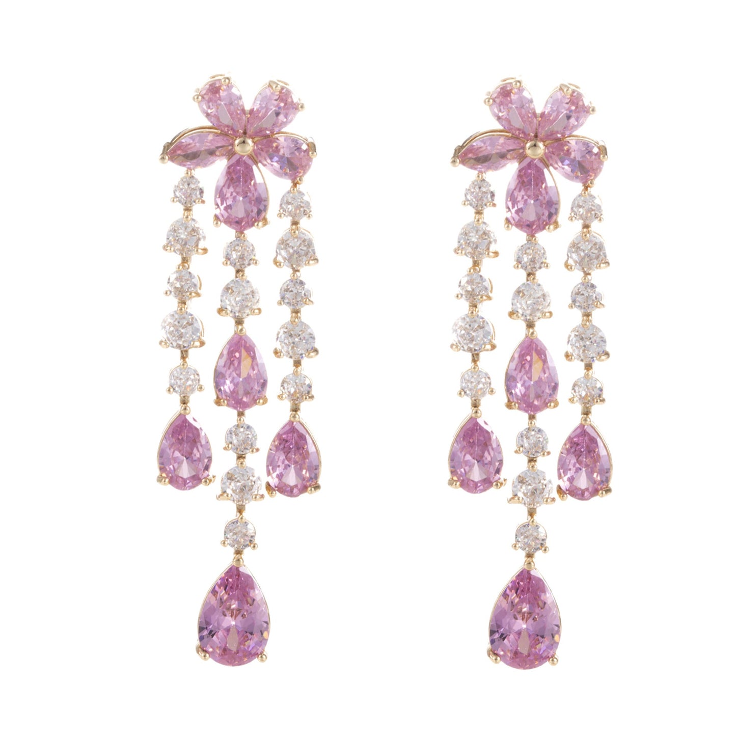 Flower Pink Zirconia Tassel Earrings
