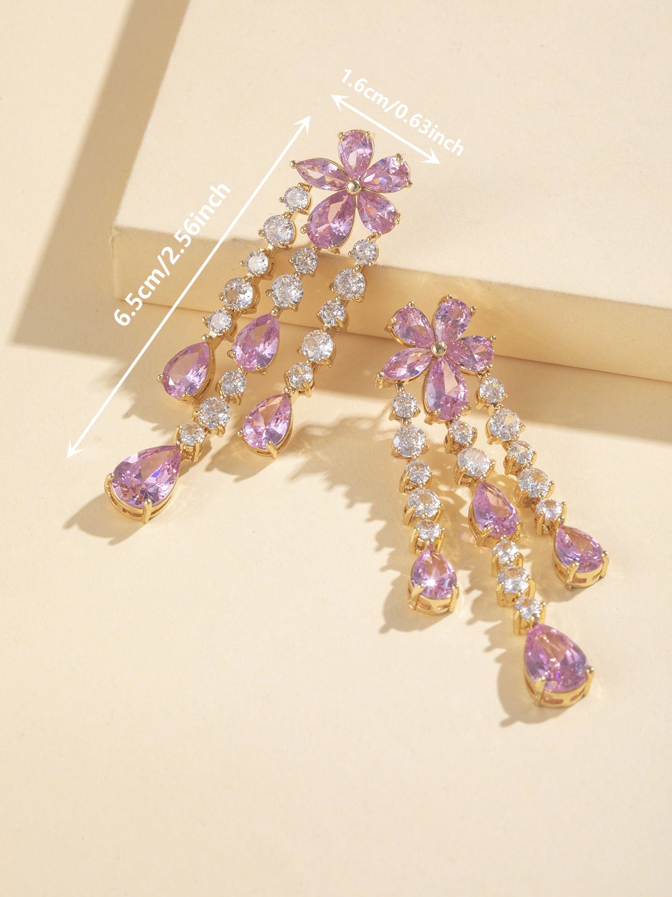 Flower Pink Zirconia Tassel Earrings