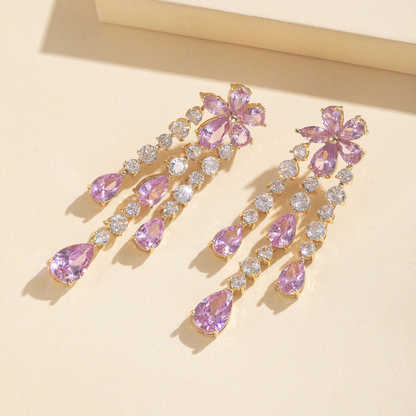 Flower Pink Zirconia Tassel Earrings