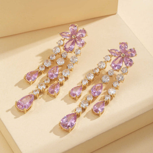 Flower Pink Zirconia Tassel Earrings
